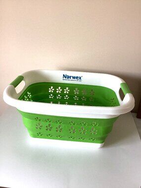 Norwex Small Collapsible Laundry Supplies Basket White Green Household